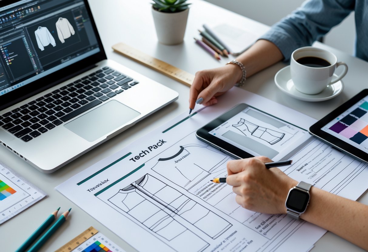 A workspace with a laptop, printed garment design sheets, a tablet with fabric swatches, and hands pointing at documents related to product design.