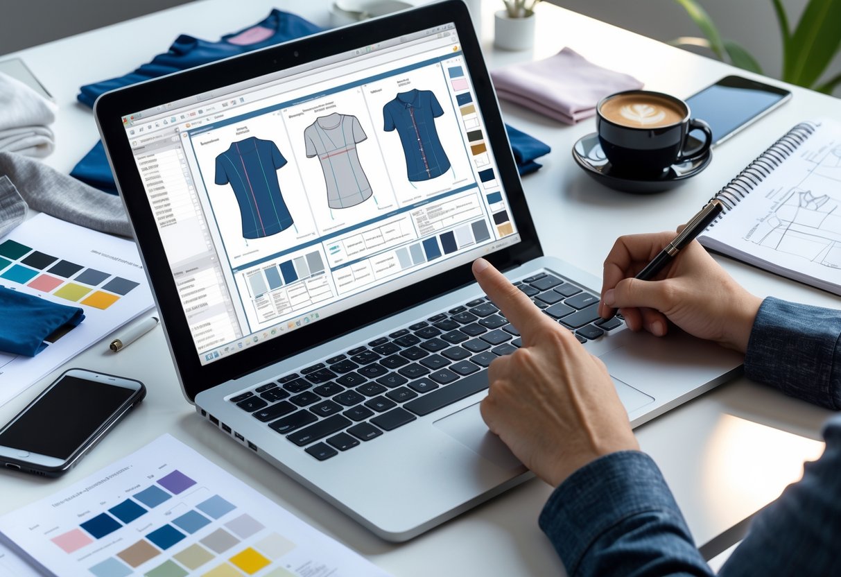 A workspace with a laptop showing technical garment drawings, fabric swatches, measuring tape, and hands working on design notes.