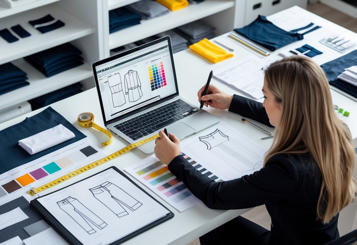 A person working at a desk with a laptop, fabric swatches, sketches, and measuring tools, preparing technical designs for clothing.