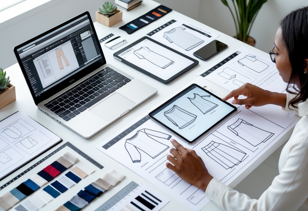 A workspace with a laptop, printed garment design documents, fabric samples, and hands working on creating a tech pack.