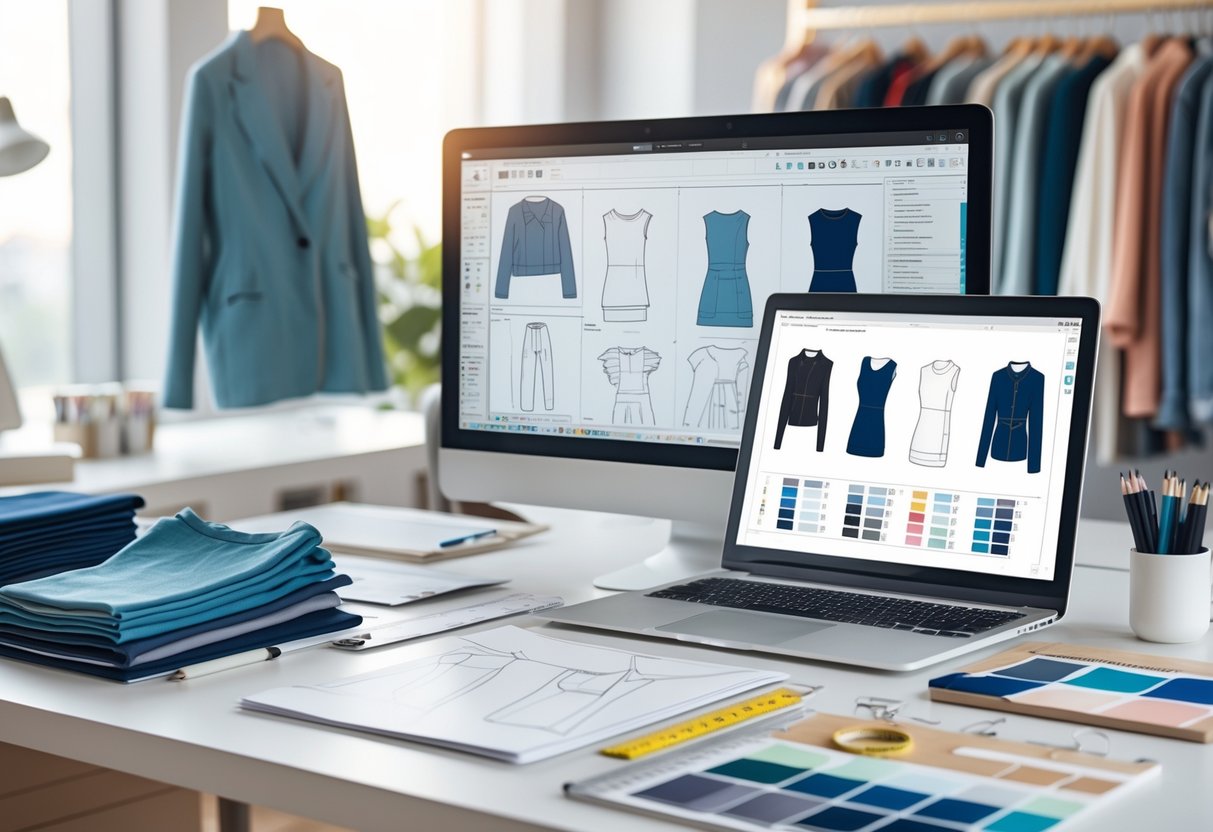 A workspace with a computer, fabric swatches, fashion sketches, and design tools arranged on a desk.