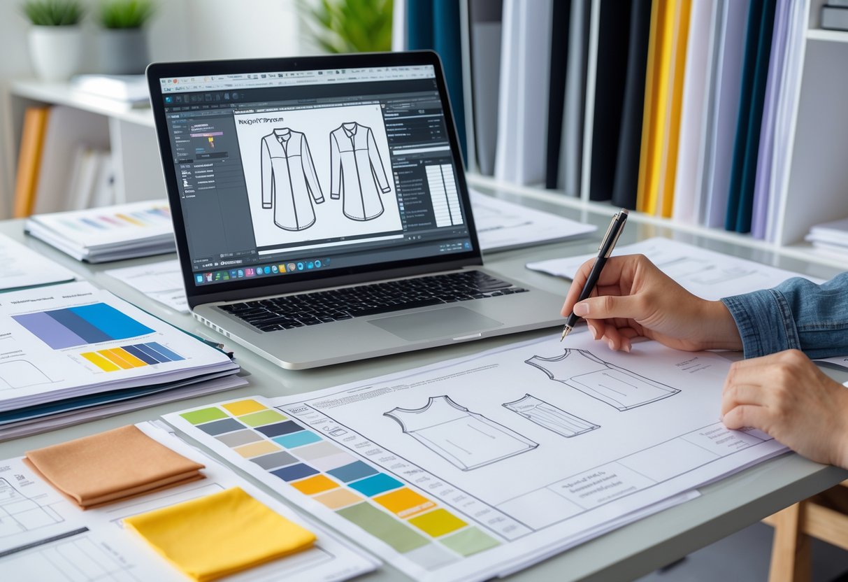 A workspace with a laptop, printed garment sketches, fabric swatches, and hands pointing at a technical garment specification sheet.