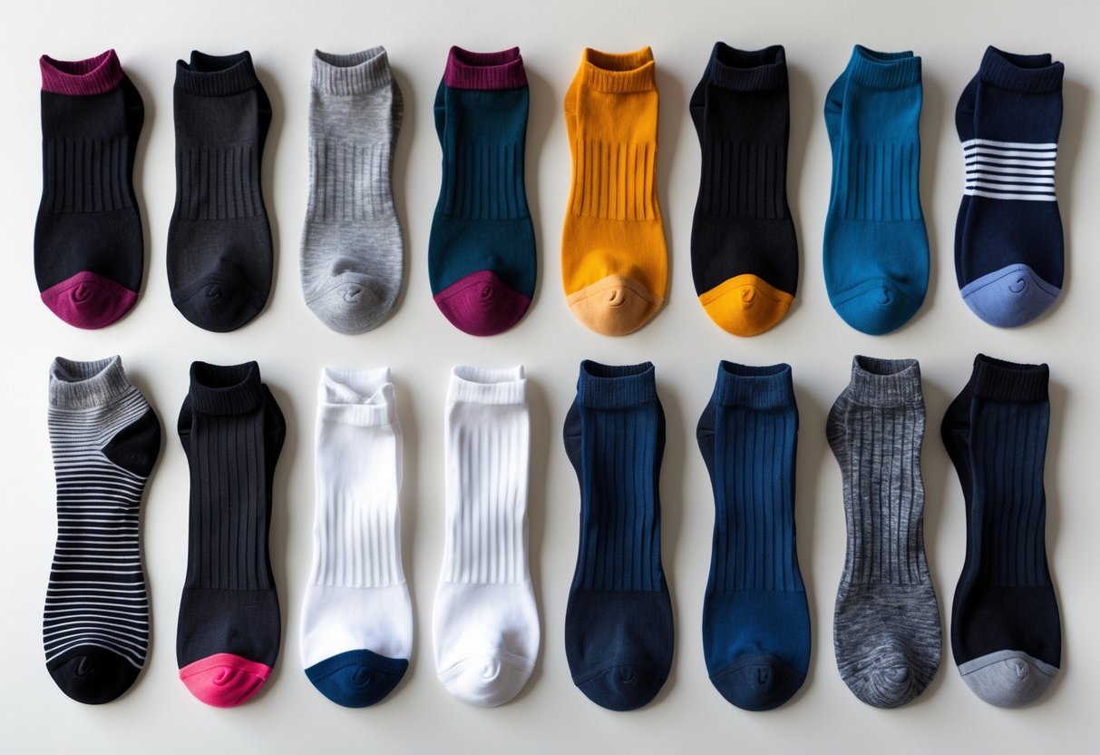 Fourteen pairs of socks of different heights and materials arranged neatly on a plain background.