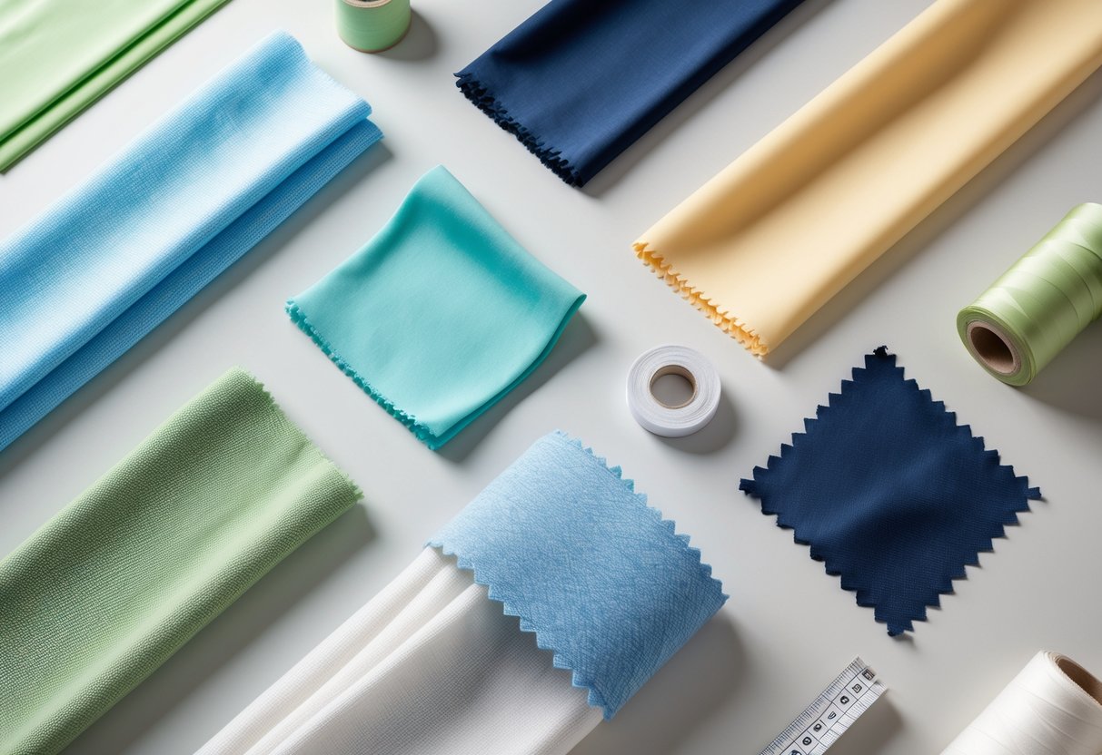 Flat lay of seven different activewear fabric samples with sewing tools on a neutral background.