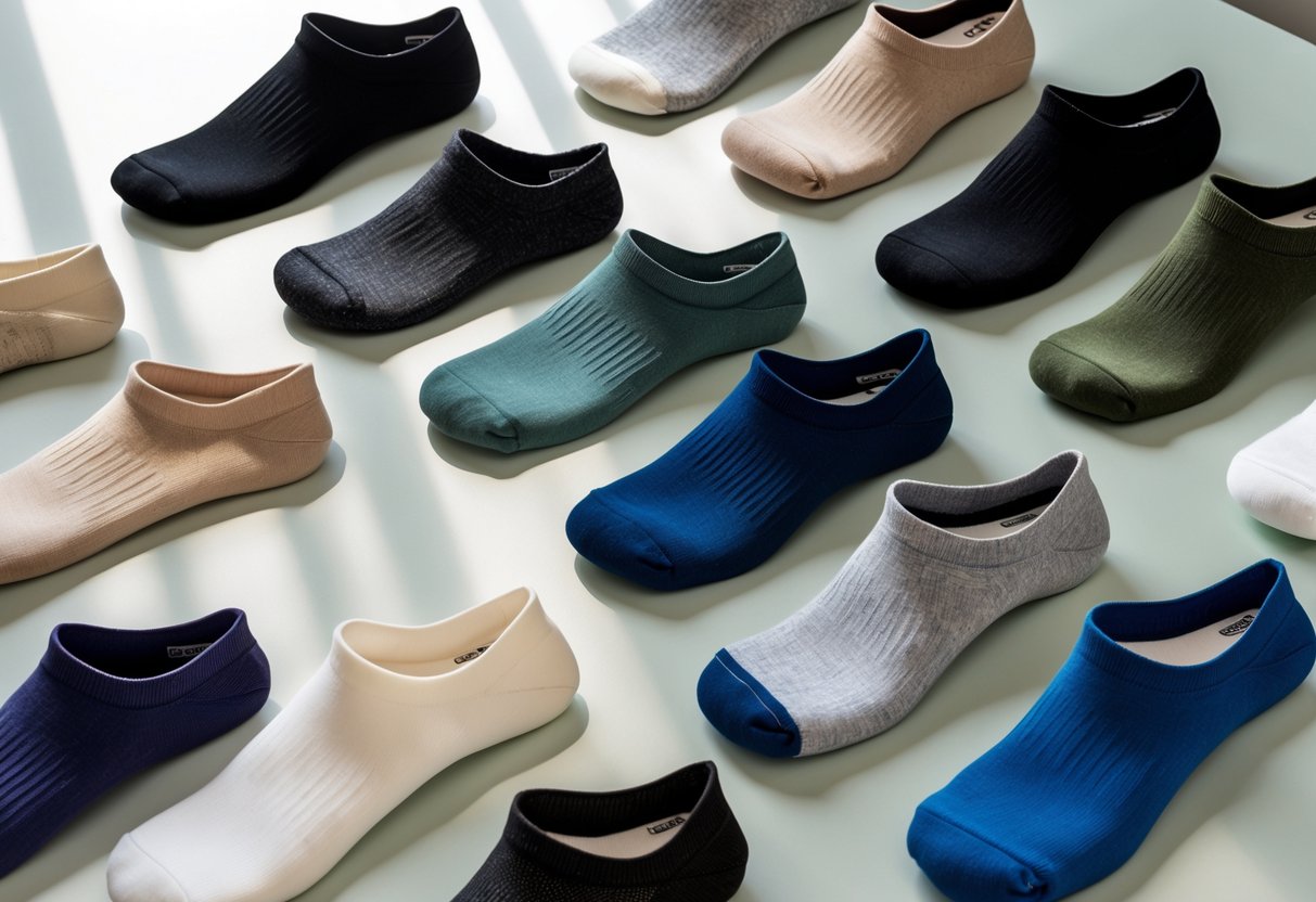 Several pairs of no-show socks in different materials arranged neatly on a light surface.