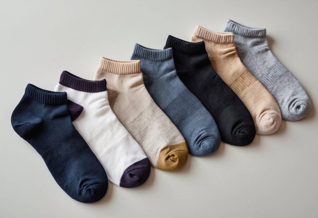 A collection of various ankle socks in different colors and materials arranged on a plain background.