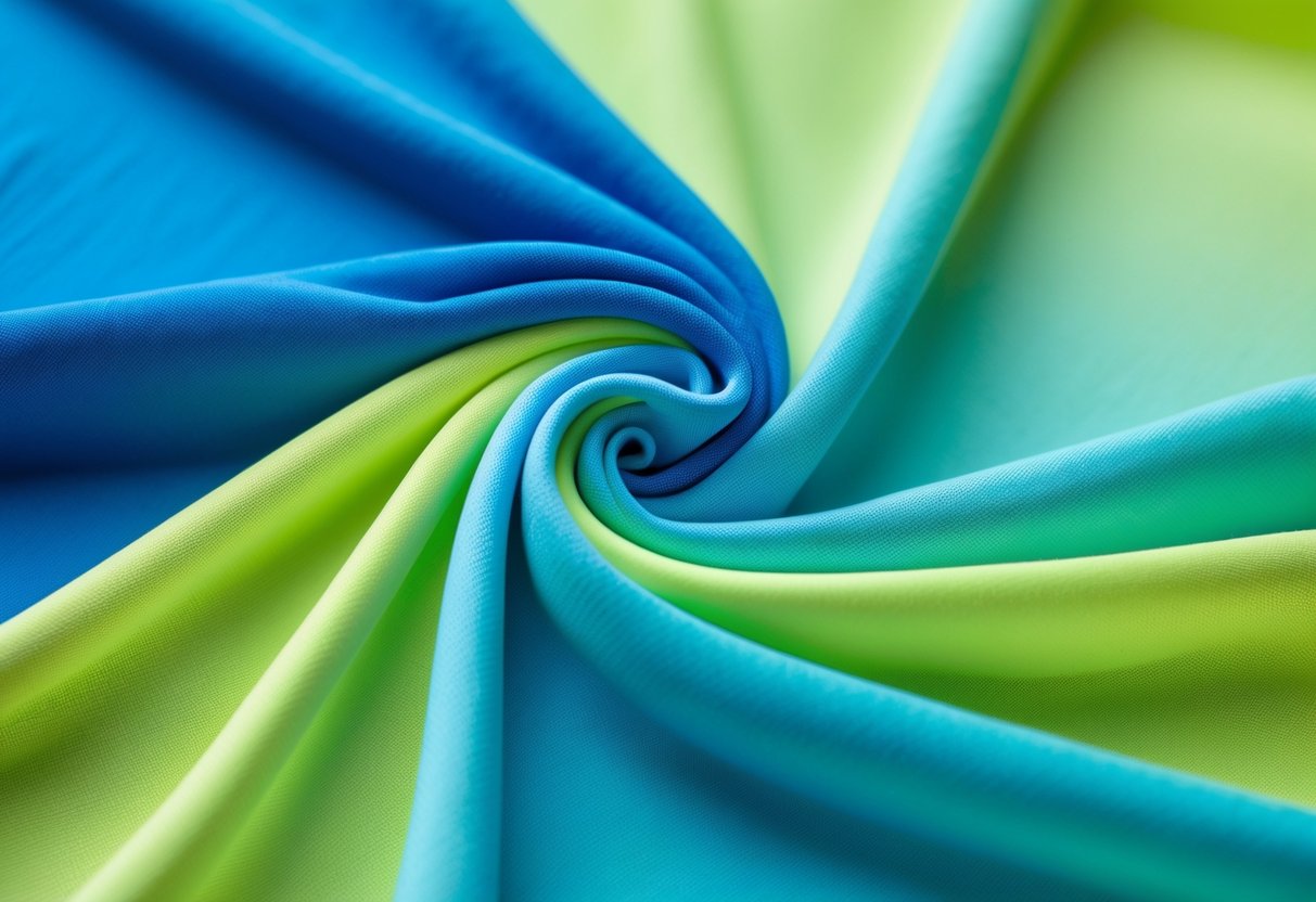Close-up of colorful polyester microfiber fabric stretched to show texture and elasticity.