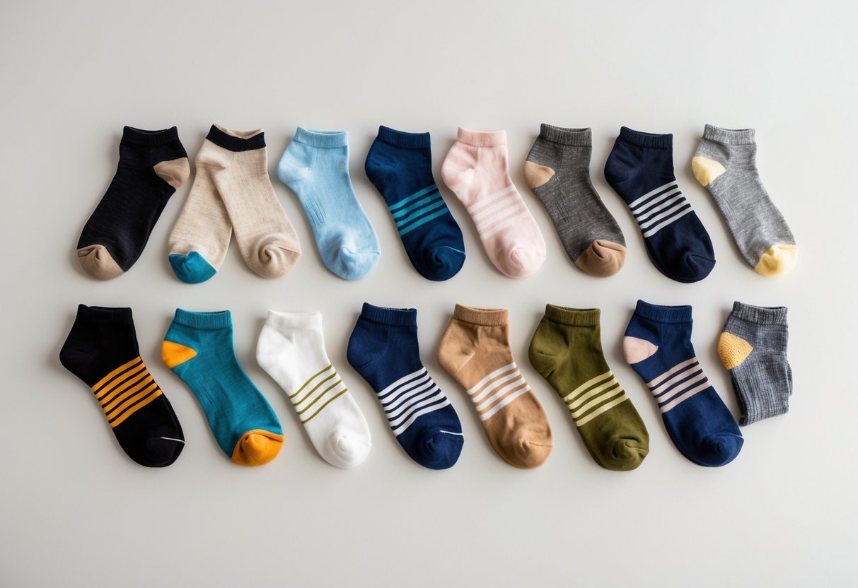 A collection of 14 pairs of low-cut socks in different colors and materials arranged on a plain background.