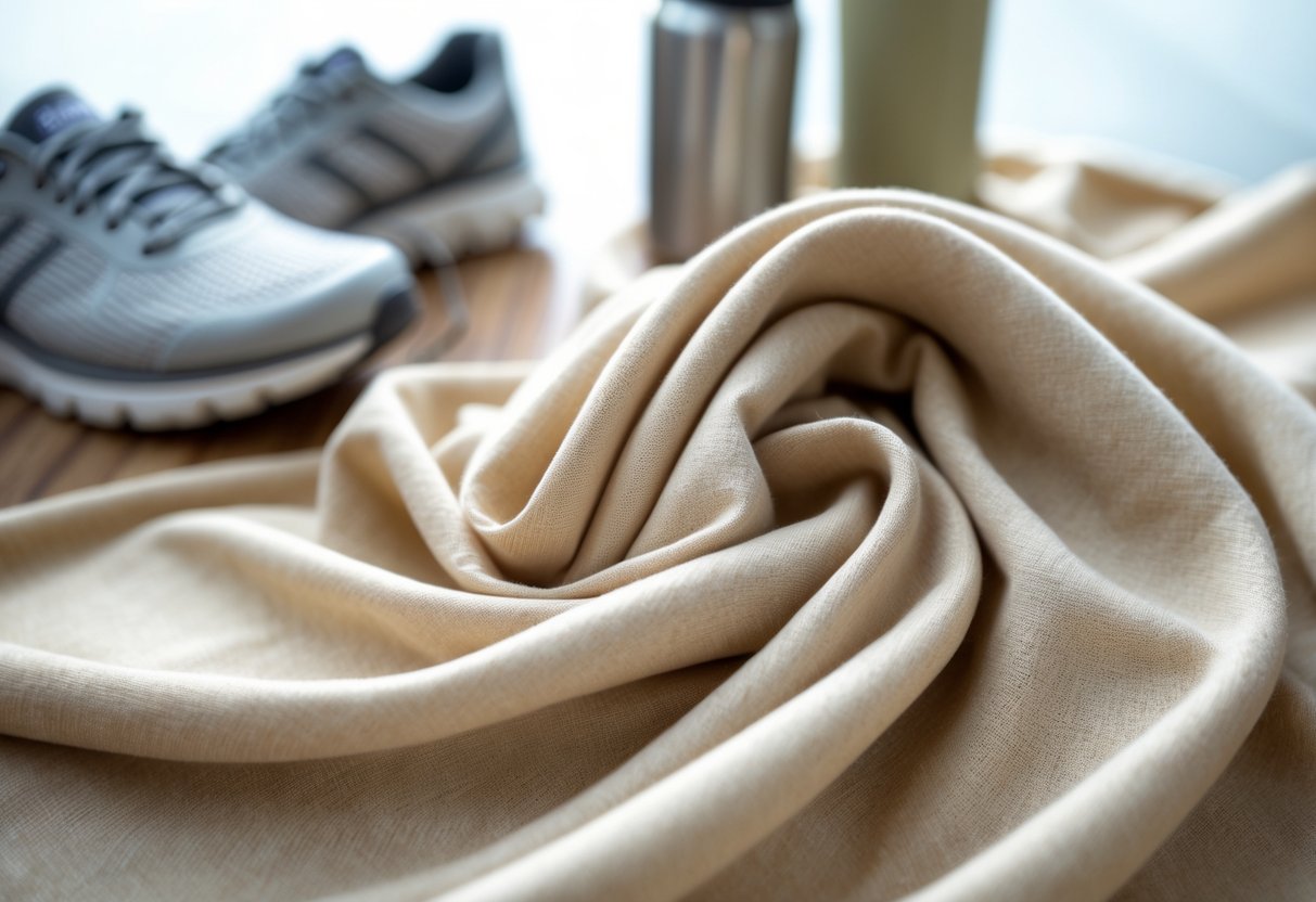 Close-up of bamboo fabric with running shoes, water bottle, and fitness tracker in the background.