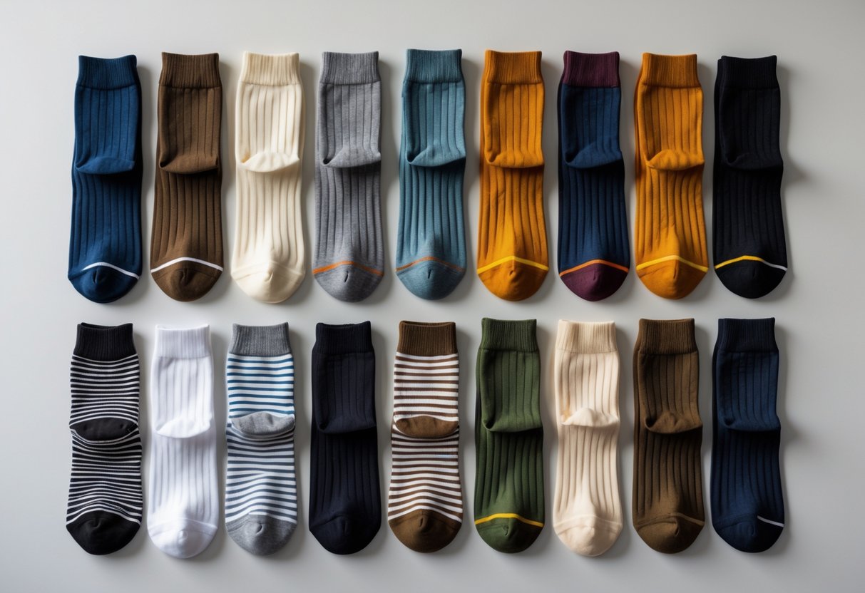 A neatly arranged collection of fourteen different crew socks in various colors and materials displayed on a plain background.