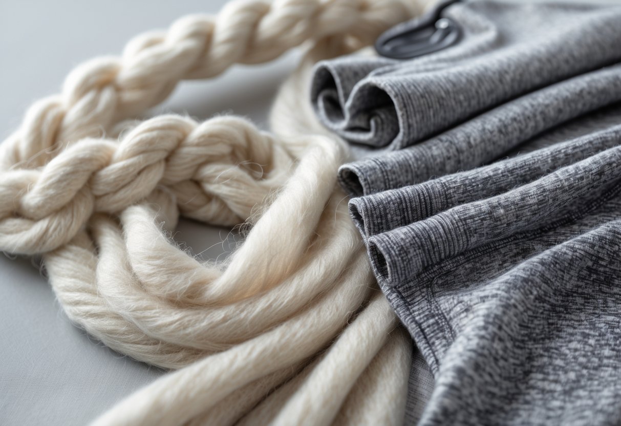 Close-up of merino wool fibers alongside activewear clothing items on a neutral background.