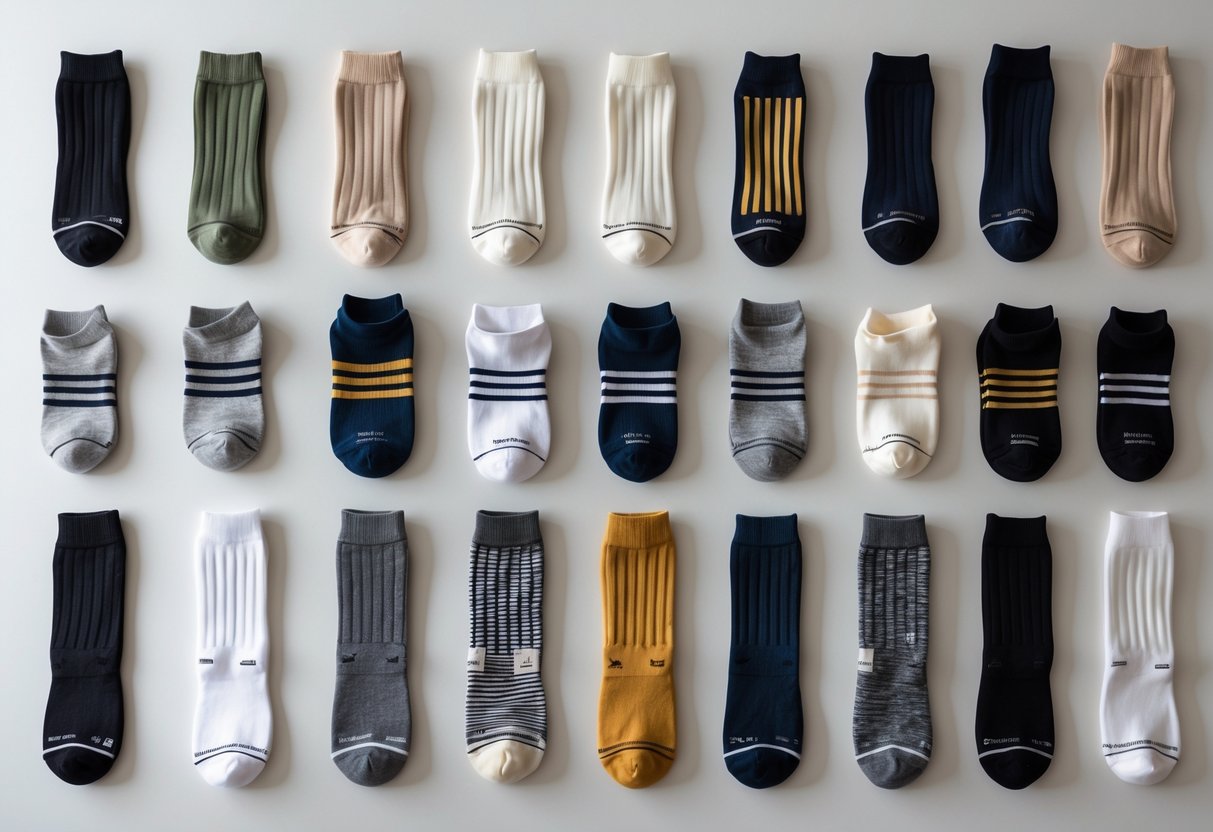 A collection of fourteen mid-calf socks in various colors and materials arranged on a plain background.