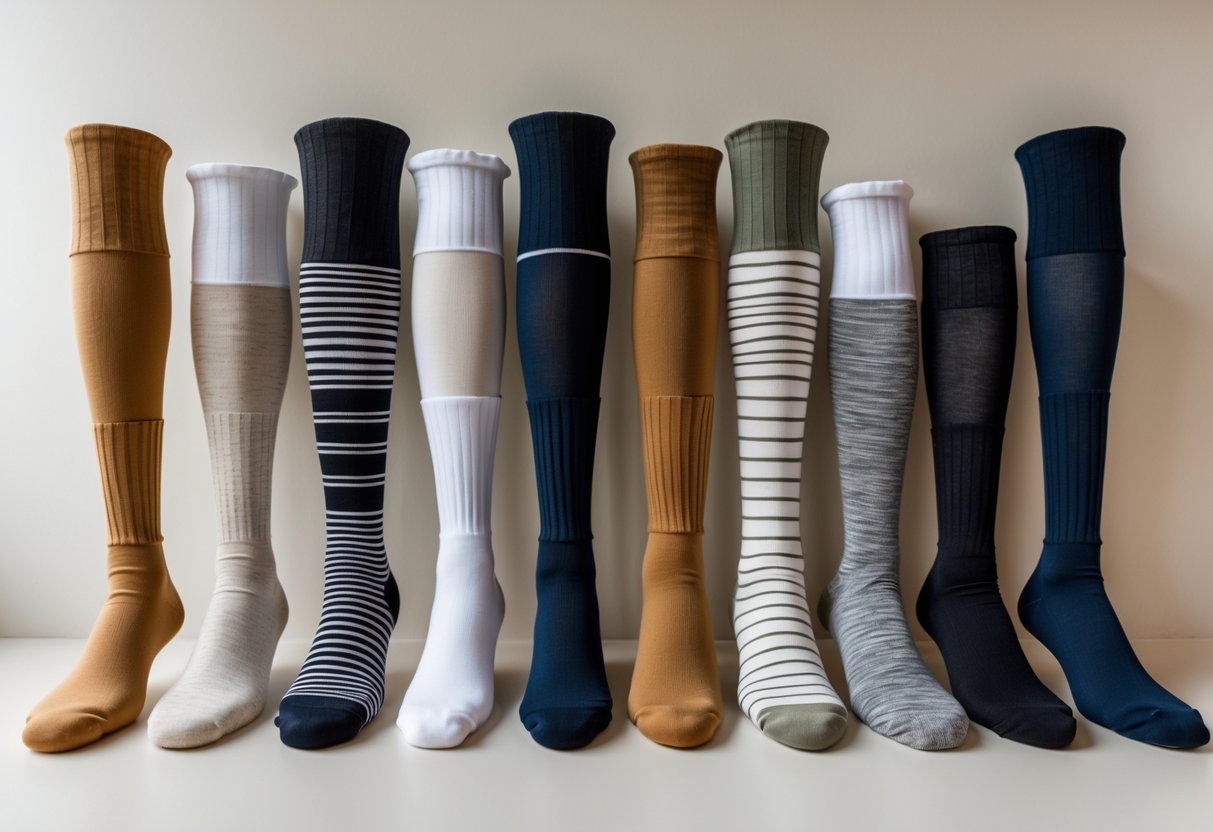A collection of over-the-calf socks in various materials and colors arranged on a light surface.