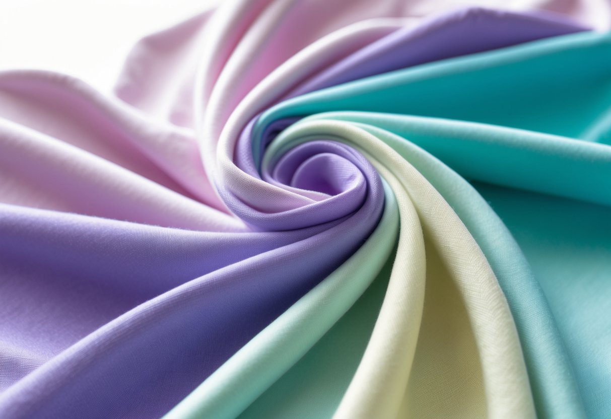 Close-up of smooth, colorful fabric draped with fitness clothing in the background.