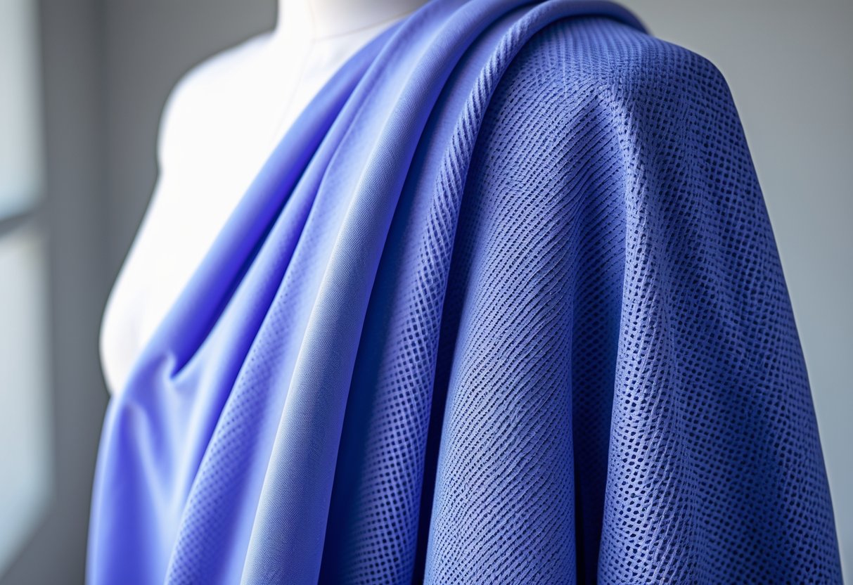 Close-up of breathable polyester fabric draped on athletic wear, highlighting its texture and stretch.