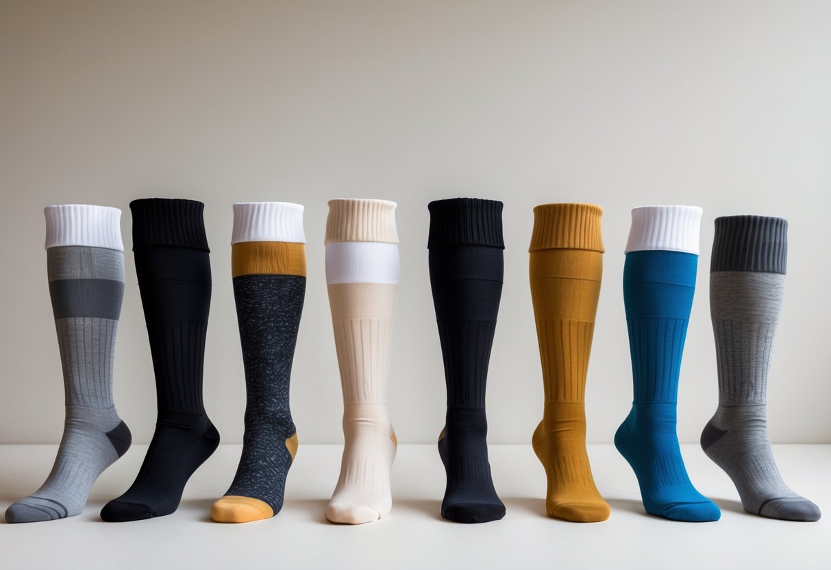 A collection of knee-high socks in different colors and materials displayed on a plain background.