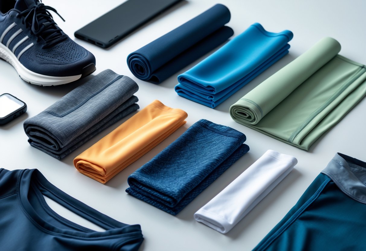 Close-up view of seven different activewear fabric swatches arranged on a bright surface with fitness accessories nearby.