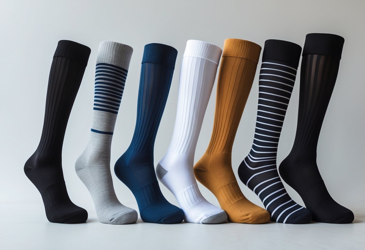 Multiple pairs of thigh-high socks in different colors and materials arranged on a plain background.