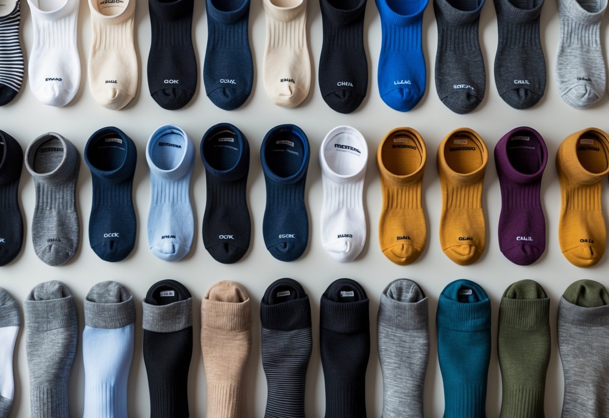A neatly arranged collection of 14 different types of socks in various heights and materials displayed on a neutral background.
