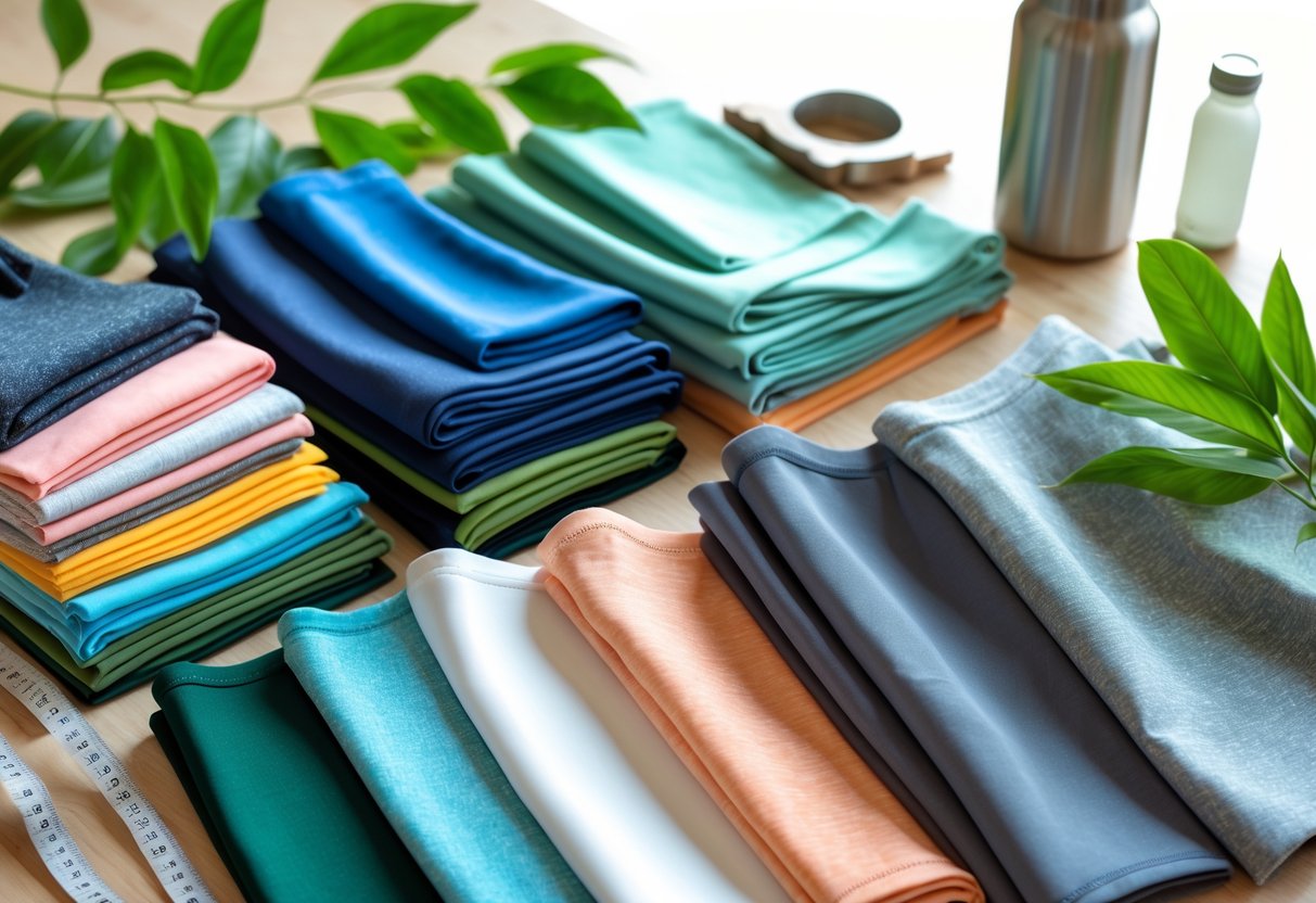 A table displaying various activewear fabric samples with green leaves and a reusable water bottle nearby.