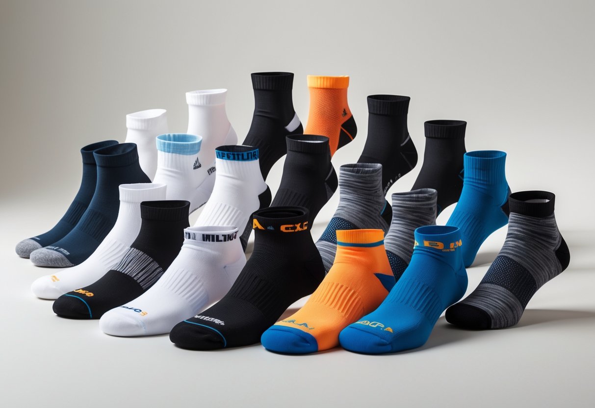 A collection of 14 different types of athletic socks in various heights and materials arranged on a plain background.