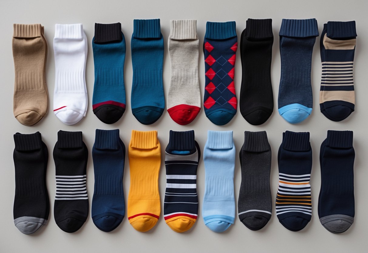 A neatly arranged collection of 14 different dress socks varying in height, color, and material on a plain background.