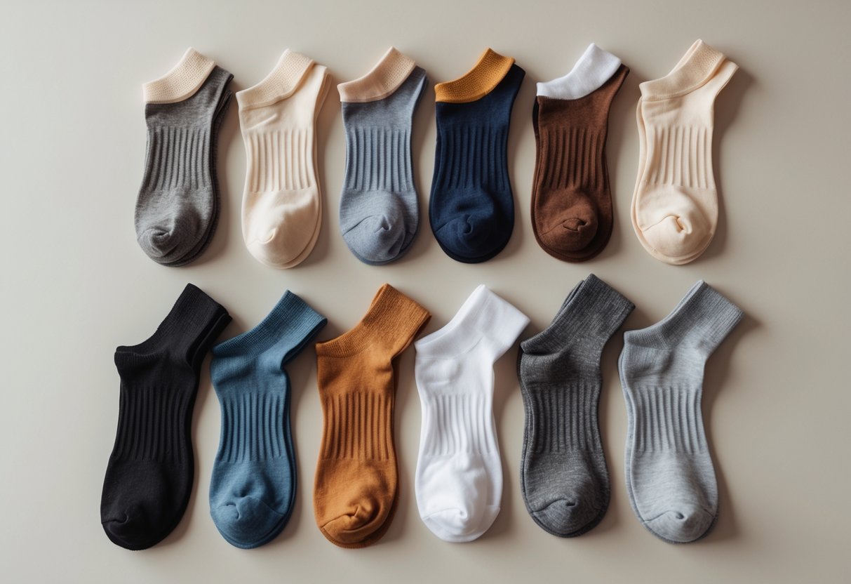 A neatly arranged collection of 14 different types of socks in various heights and materials displayed on a neutral background.