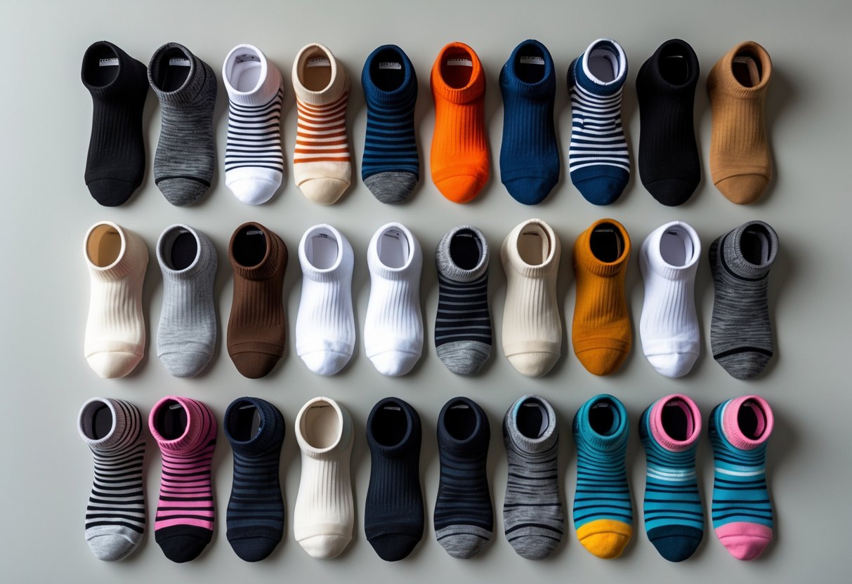 A variety of 14 different types of socks displayed on a neutral background, showing different heights and materials.