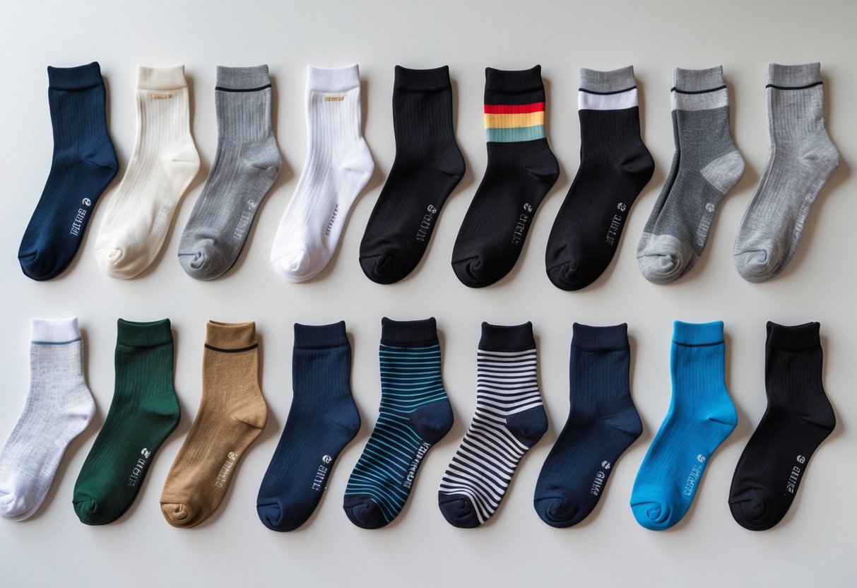 A variety of 14 different socks arranged by height and material on a plain background.