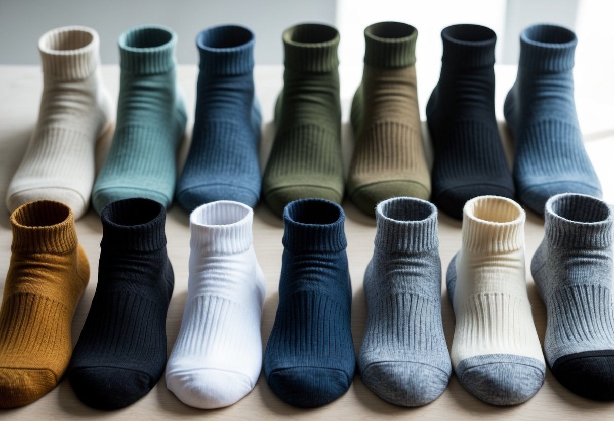 A collection of 14 different types of socks in various heights and materials arranged neatly on a wooden surface.