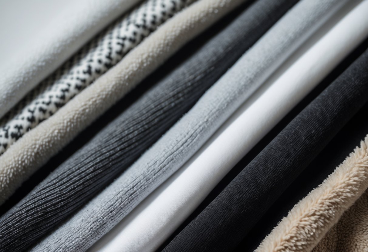 Close-up view of various hoodie fabric samples arranged side by side on a neutral background.