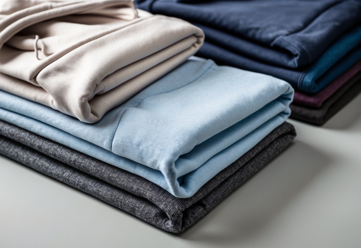 Close-up view of neatly folded hoodies made from different materials, highlighting smooth polyester fabric textures.