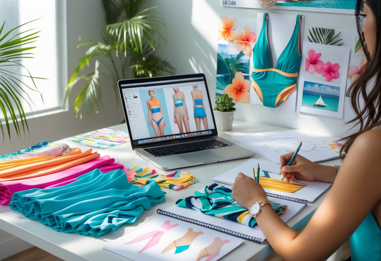 A workspace with swimwear design sketches, fabric samples, and a laptop in a bright studio.