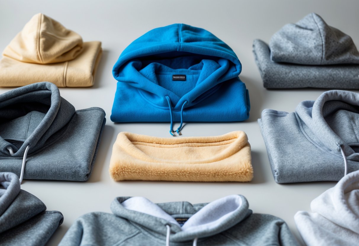 Several hoodies made of different fleece materials displayed on a neutral background, showing their textures and colors.