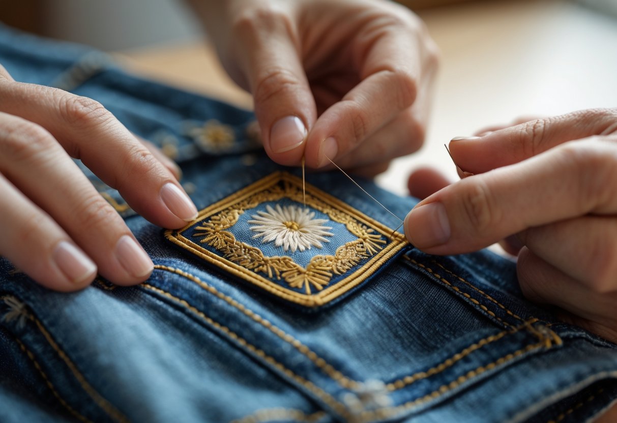 Hands sewing an embroidered patch onto denim fabric with a needle and thread.