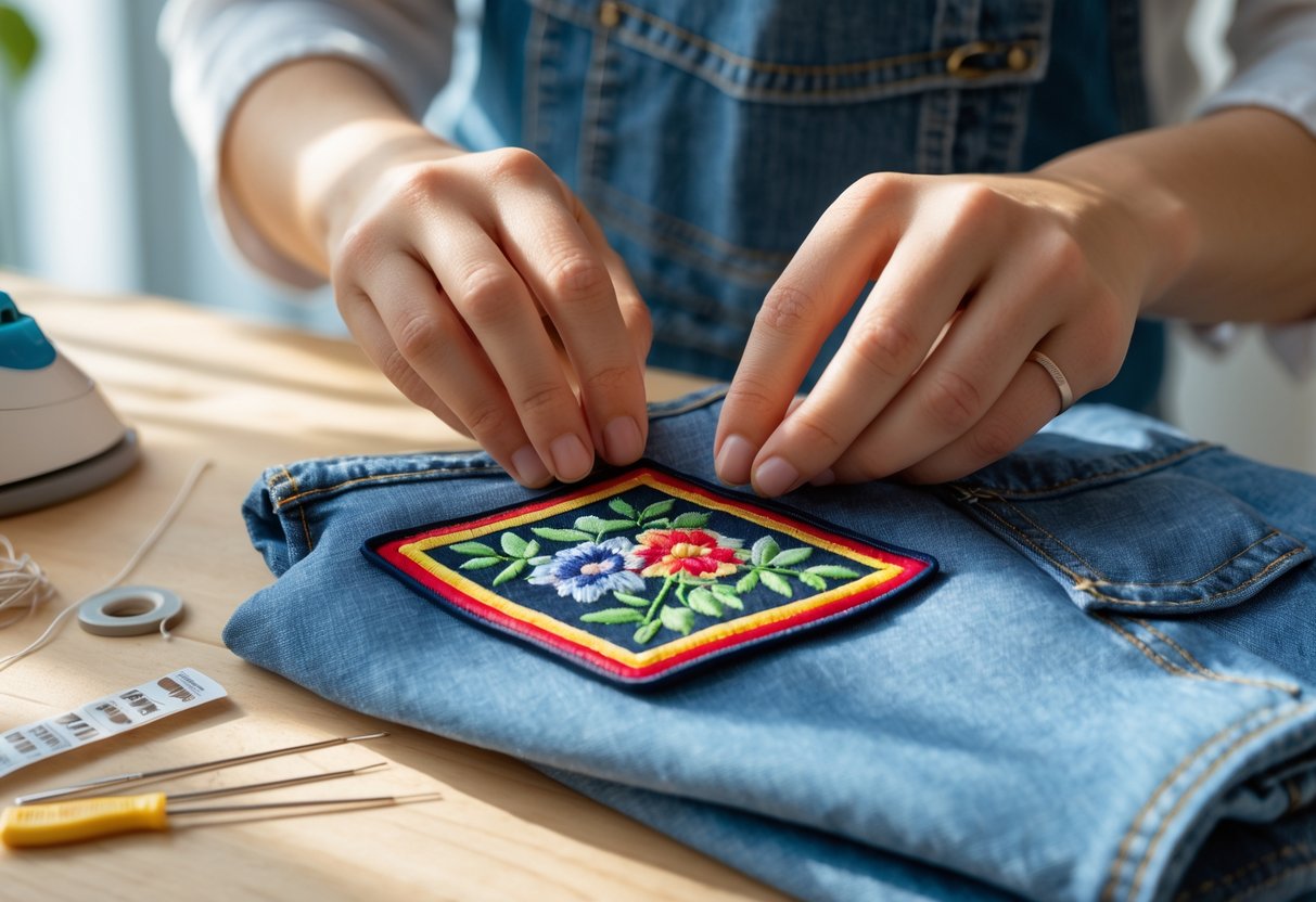 Hands attaching an embroidered patch to denim fabric with sewing tools on a wooden table.