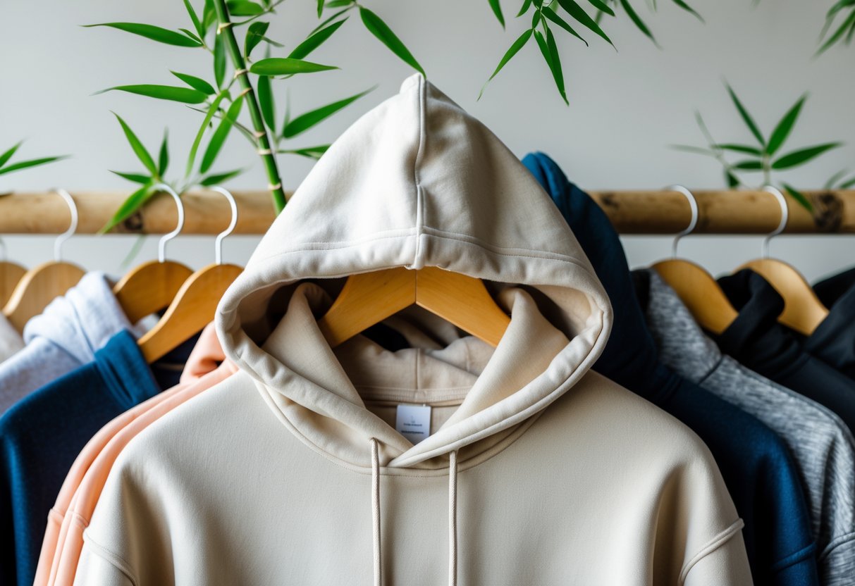 A collection of hoodies hanging on wooden hangers, highlighting one hoodie made from bamboo fabric among others.