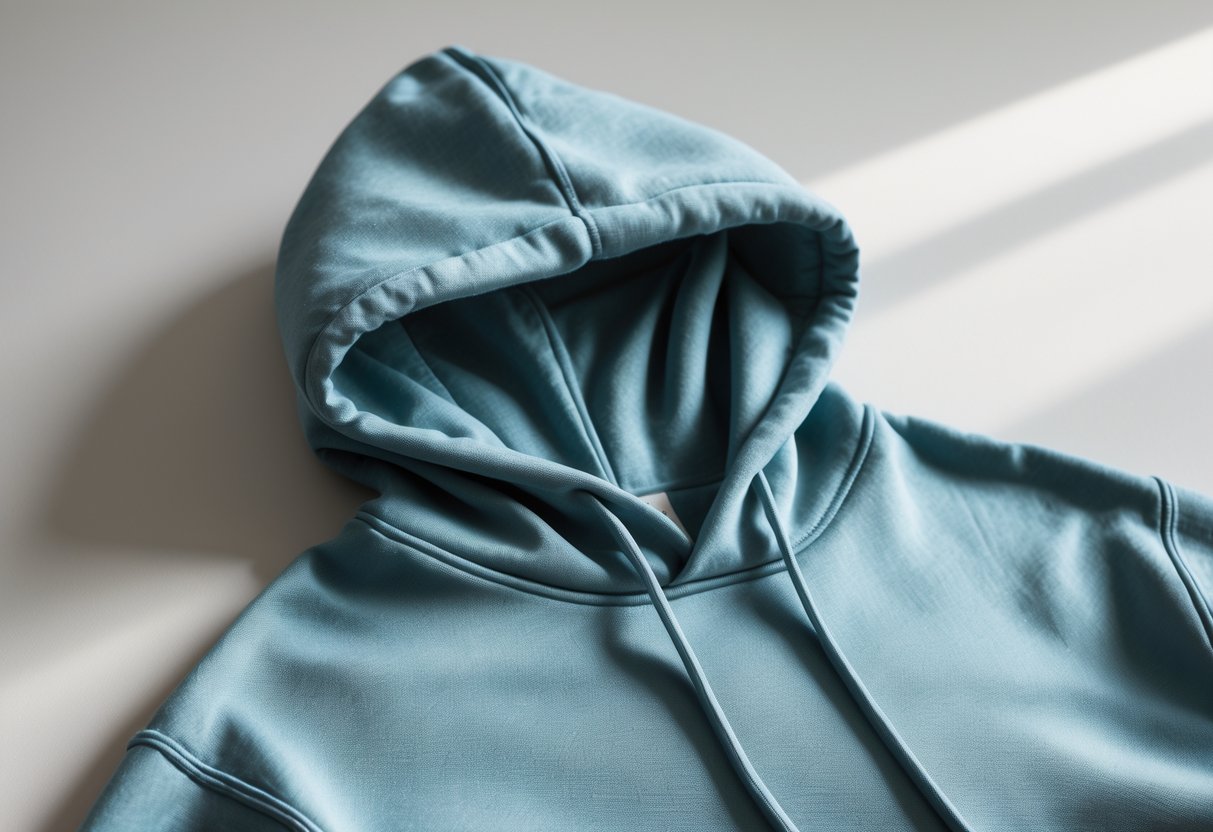 Close-up of a folded hoodie made from cotton-polyester blend fabric on a neutral background.