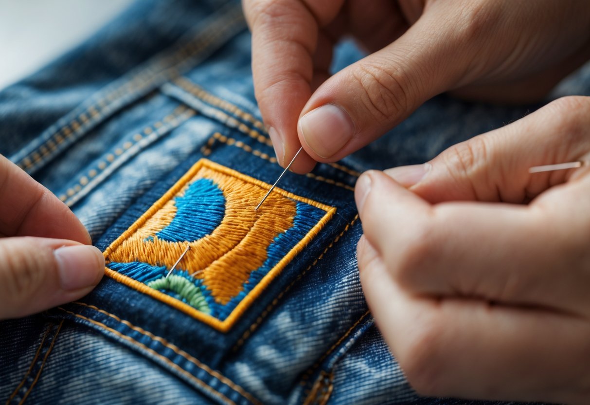 Hands sewing an embroidered patch onto denim fabric with a needle and thread.