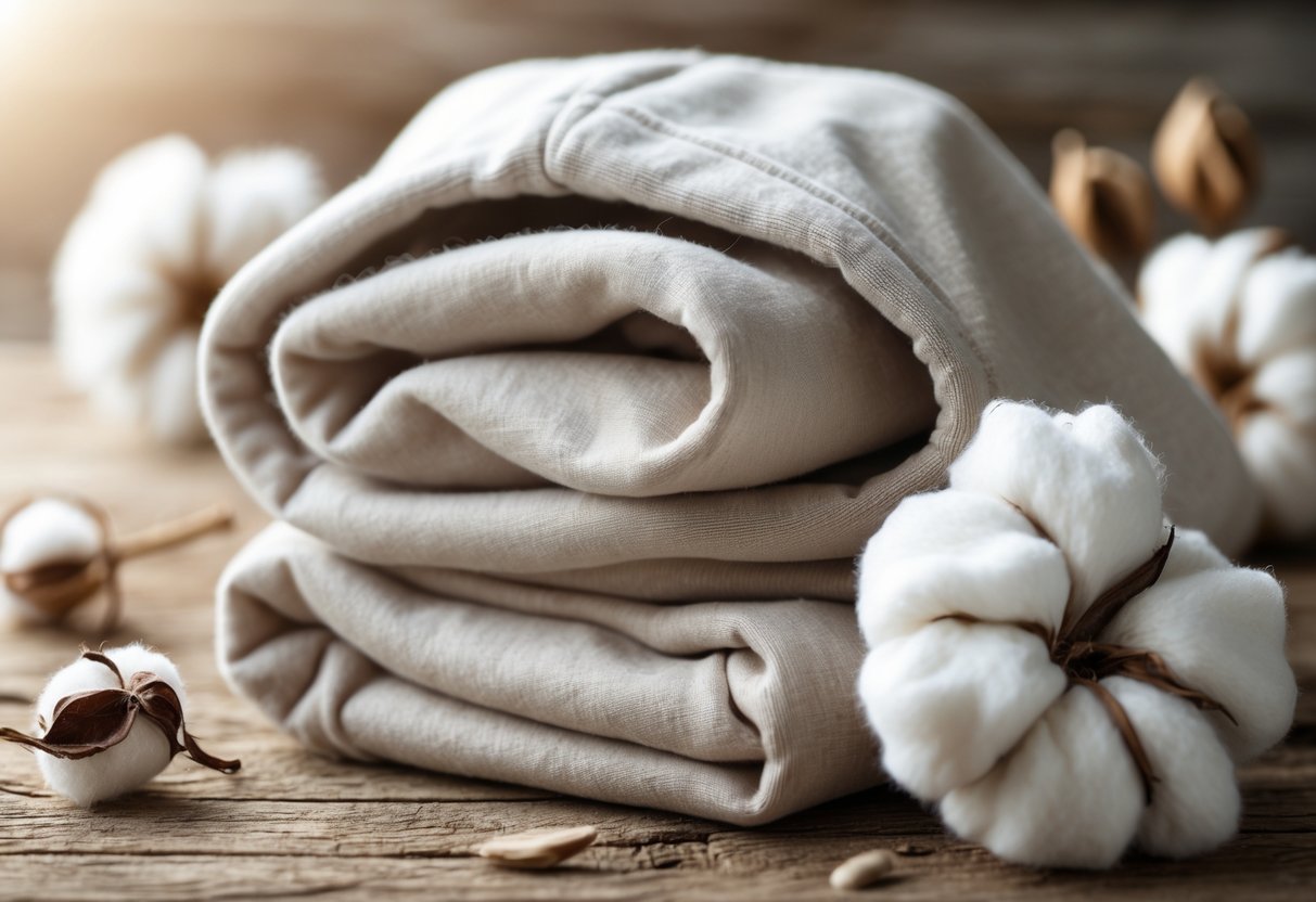 Close-up of a folded organic cotton hoodie with raw cotton bolls on a wooden surface.
