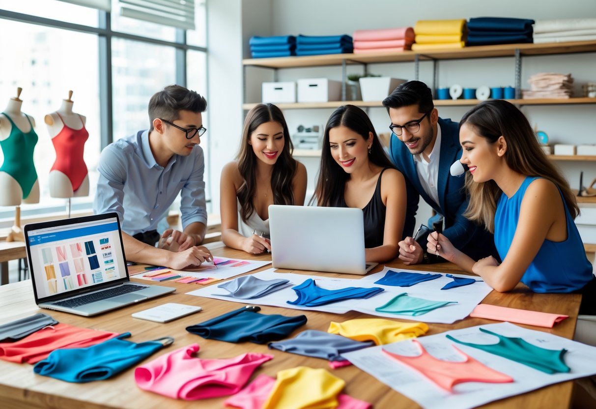 A group of people working together around a table with swimwear fabrics, sketches, and a laptop in a bright office.