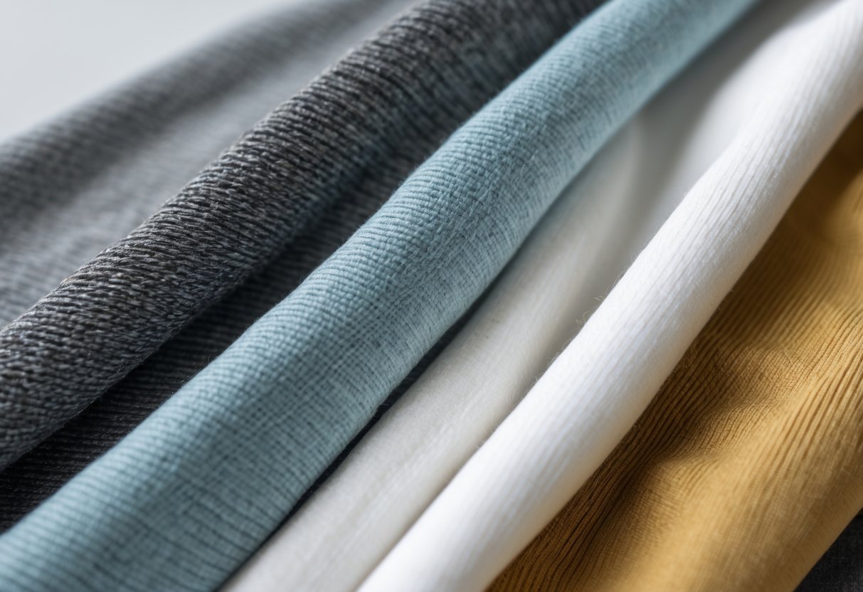Close-up view of three different hoodie fabric swatches laid out side by side on a plain surface.