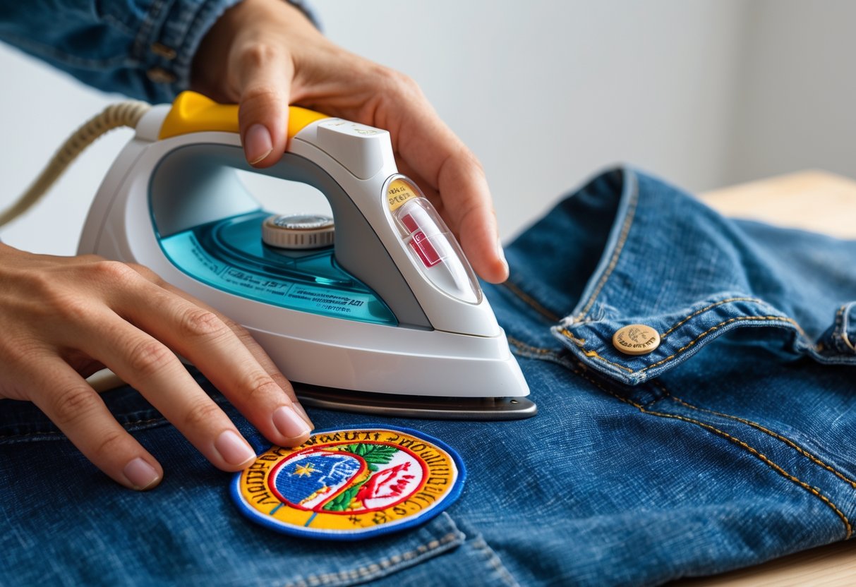 Hands ironing an embroidered patch onto denim fabric using an iron.