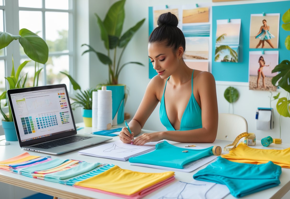 A person sketching swimwear designs at a desk with fabric samples, a laptop, and sewing tools in a bright, well-lit room.