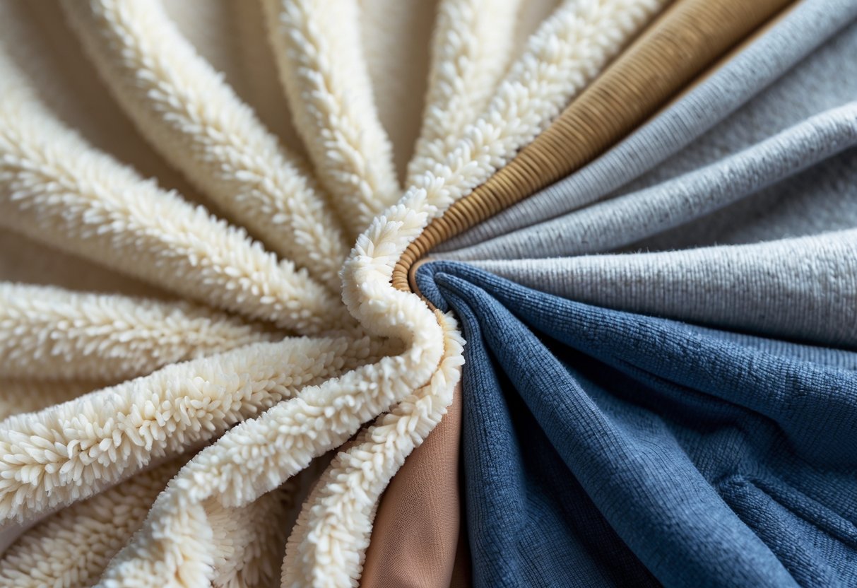 Close-up view of different hoodie fabrics including fluffy Sherpa lining and smooth cotton arranged on a neutral background.