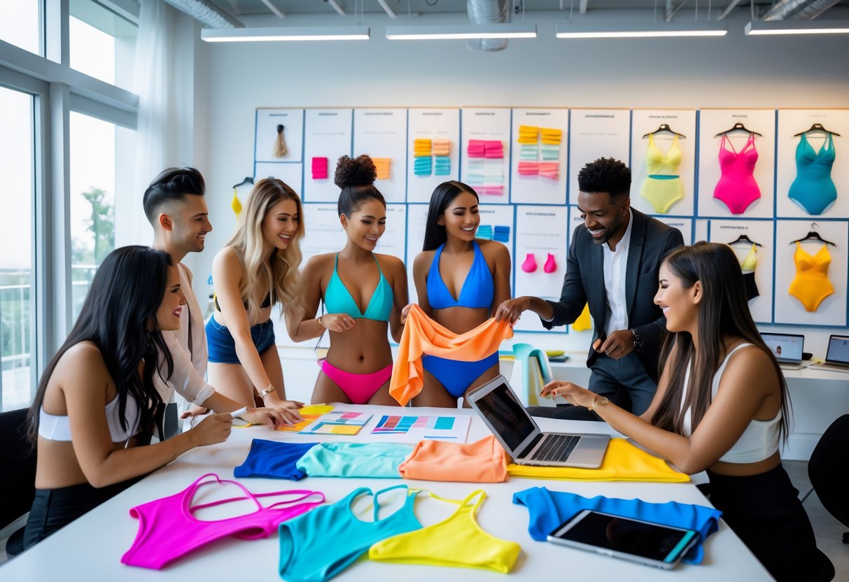 A group of people collaborating around a table with swimwear samples, sketches, and digital devices in a bright workspace.
