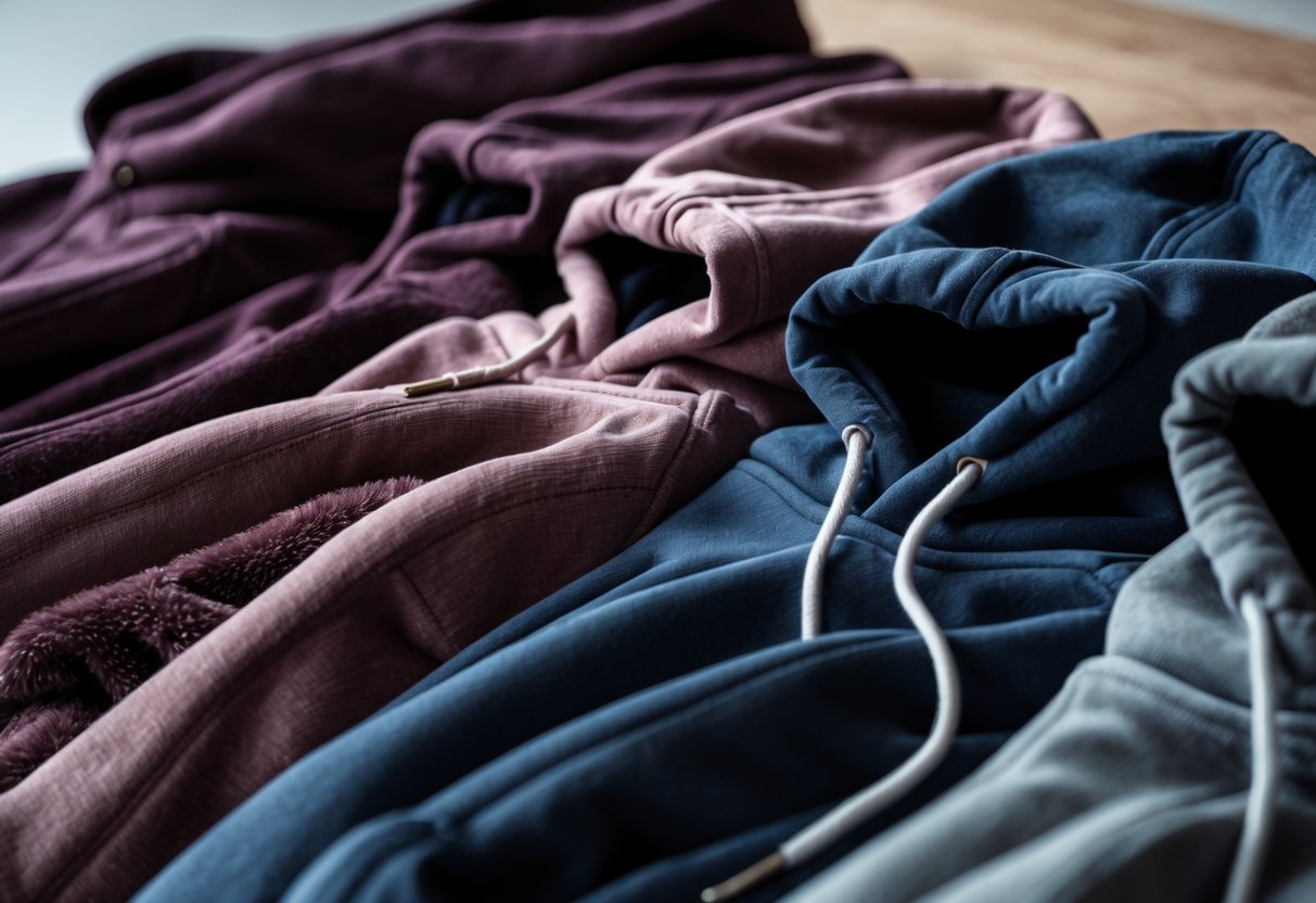 Close-up of several hoodies made from soft velour fabric arranged on a wooden surface.