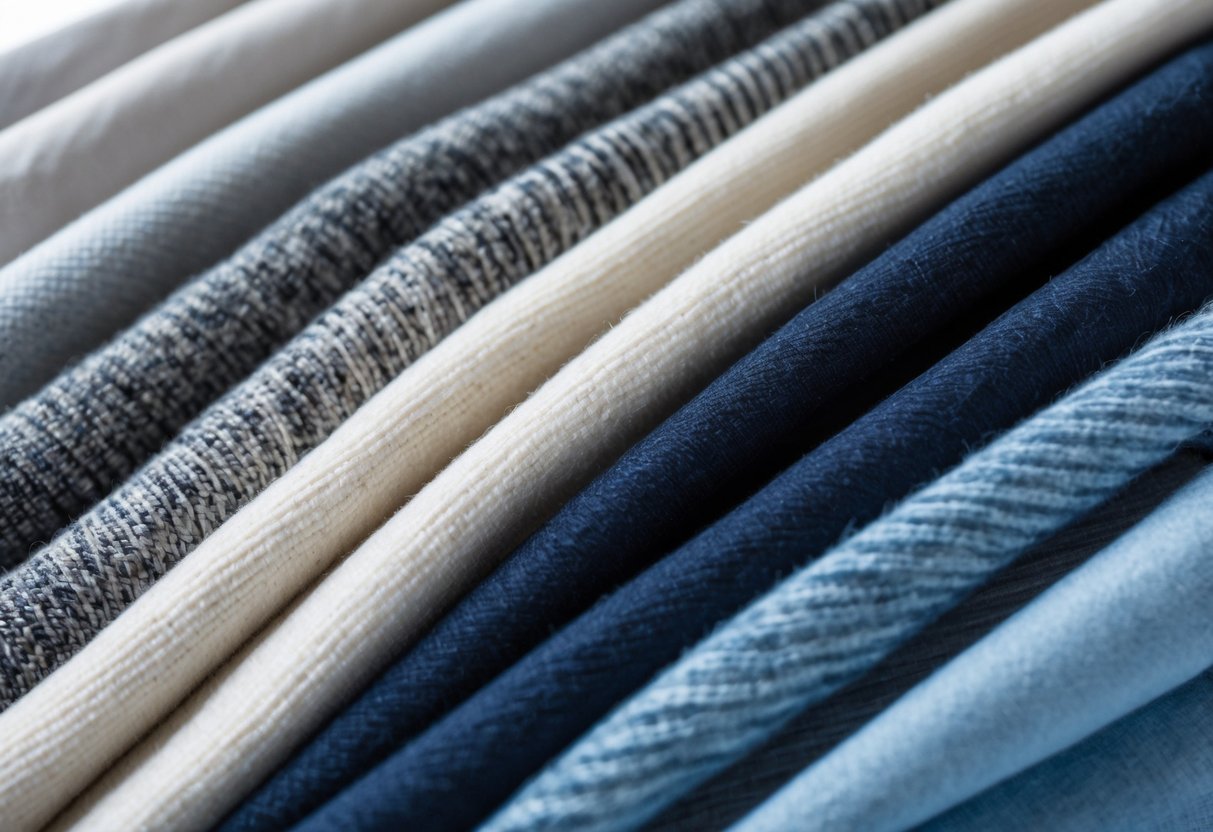Close-up view of different hoodie fabrics displayed on a table, showing various textures and materials.