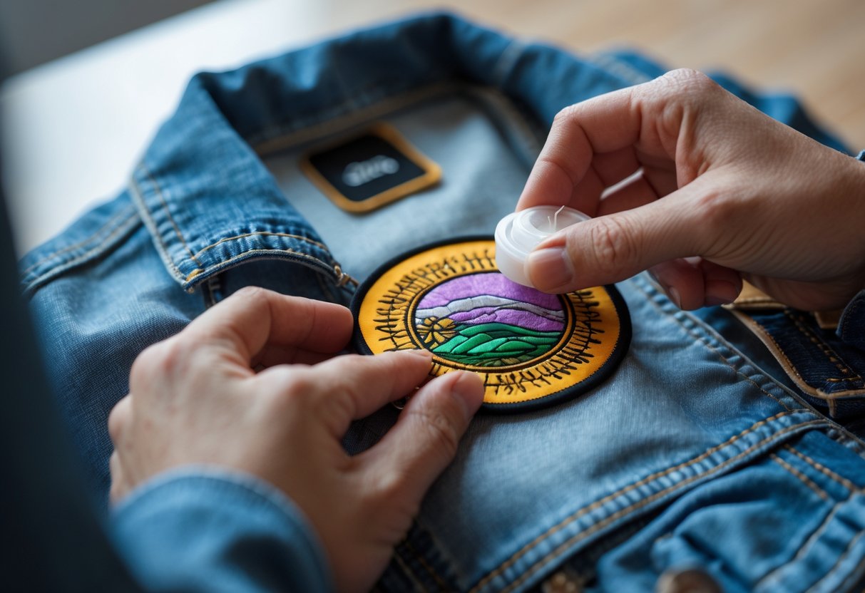 Hands attaching an embroidered patch temporarily onto fabric using adhesive.
