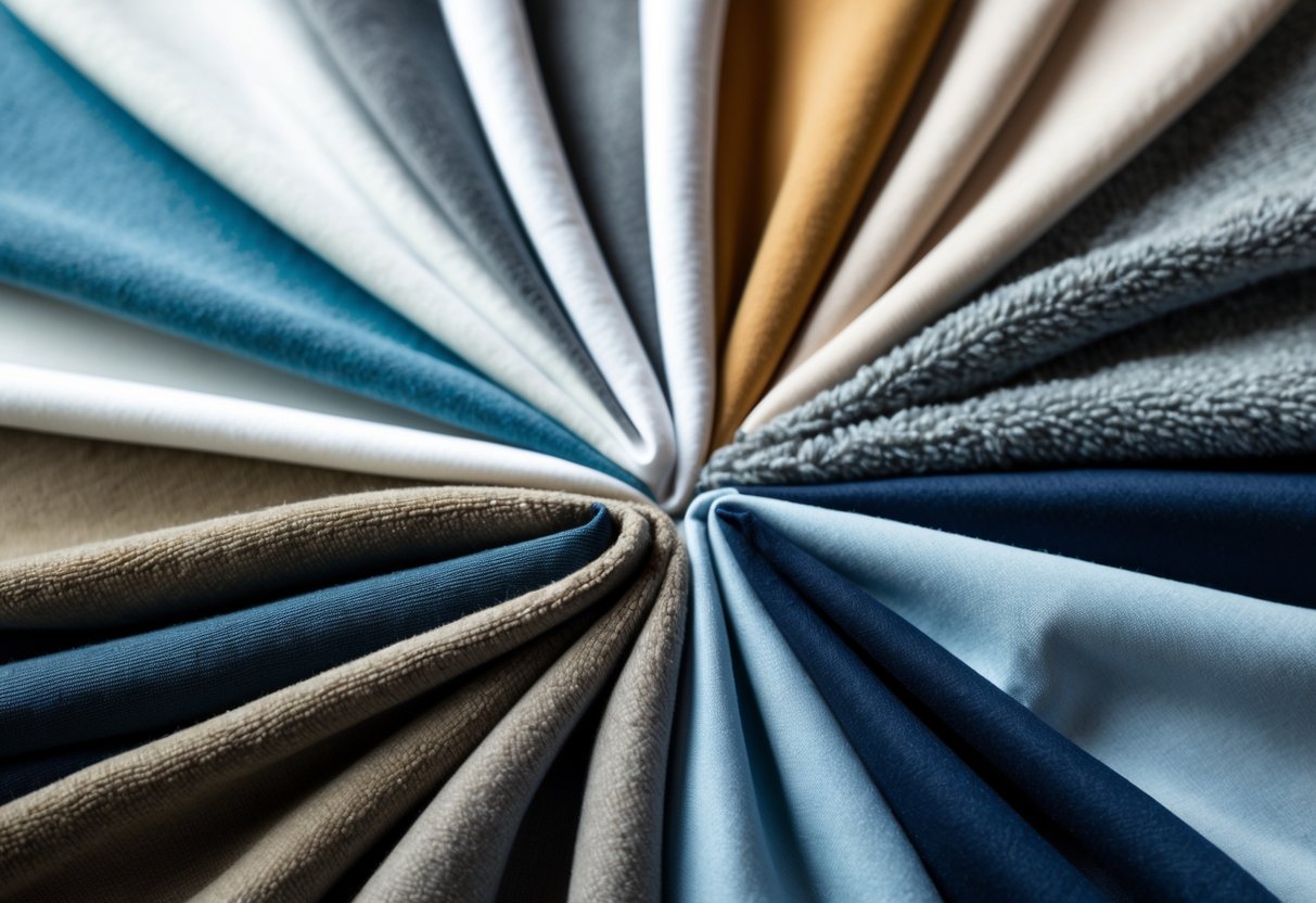 Close-up view of different hoodie fabric samples arranged on a neutral surface.